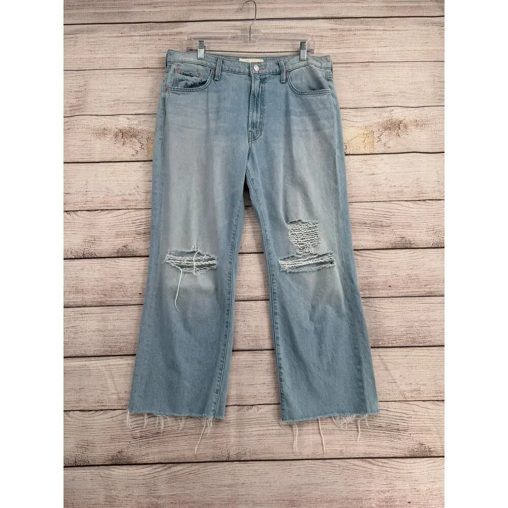 Mother Mid‎ Rise Rambler Zip Flood Jeans Womens 34 Blue Light Wash Ripped Off